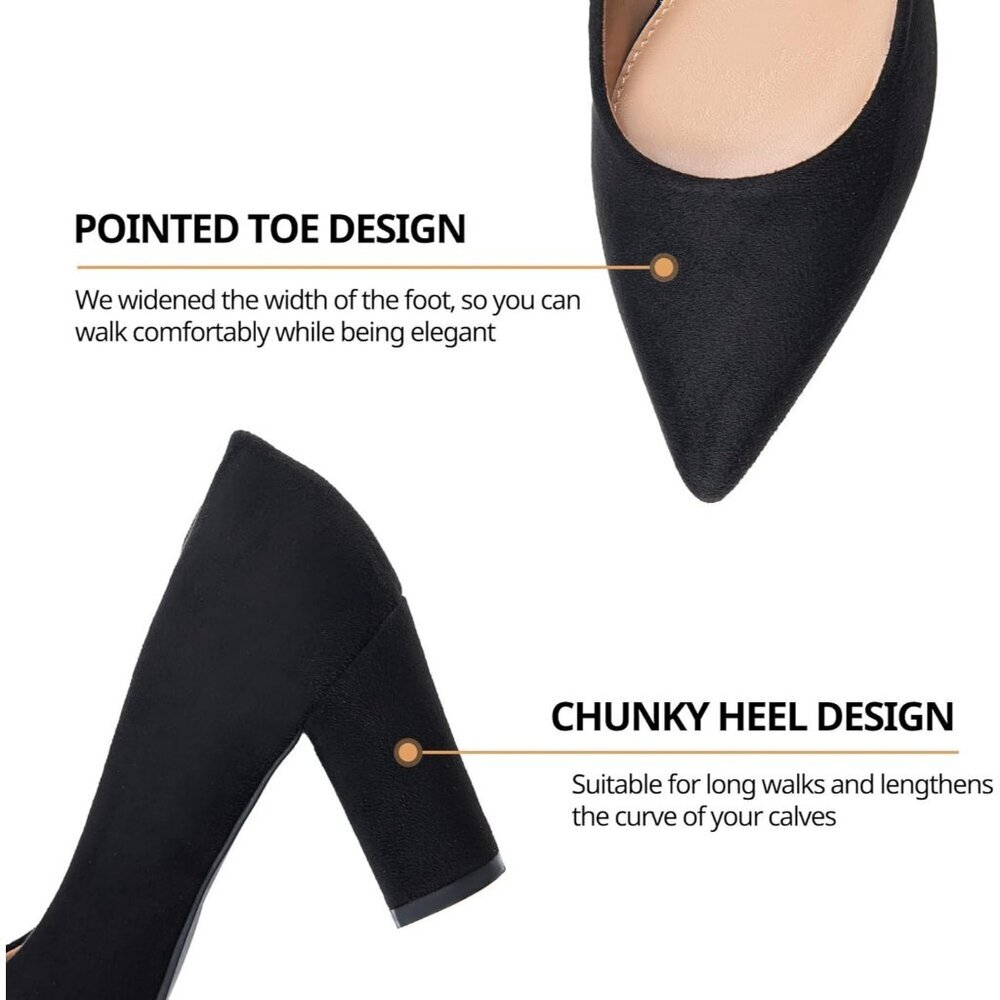 Women's Black Suede High Chunky Block Slip On Closed Pointed Toe Pumps Heels - Picture 4 of 5